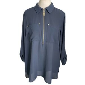 Michael Kors Navy Blue Chiffon Blouse Shirt  Gold Zipper  XL Work Career